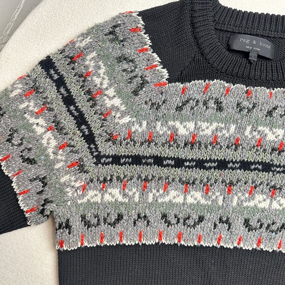 Rag & Bone Black Fair Isle Wool Blend Knit Crewneck Sweater Size L - Picture 3 of 10
